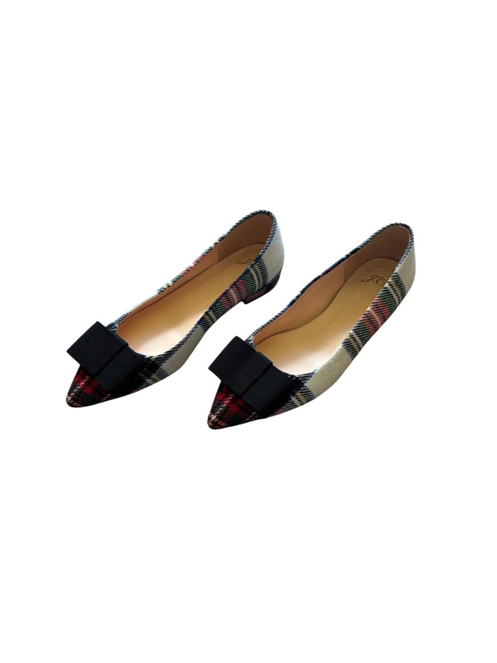 J. Crew Snowy Stewart Tartan Plaid Pointed Toe Flats Size 8 Bows Holiday Shoes